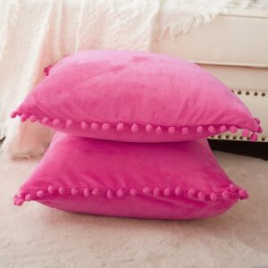 VK VK·LIVING Throw Pillow Covers 18x18 Decorative Pillow Covers with Pom-poms, Soft Velvet Hot Pink Throw Pillow Covers Set of 2 for Couch Bedroom Car