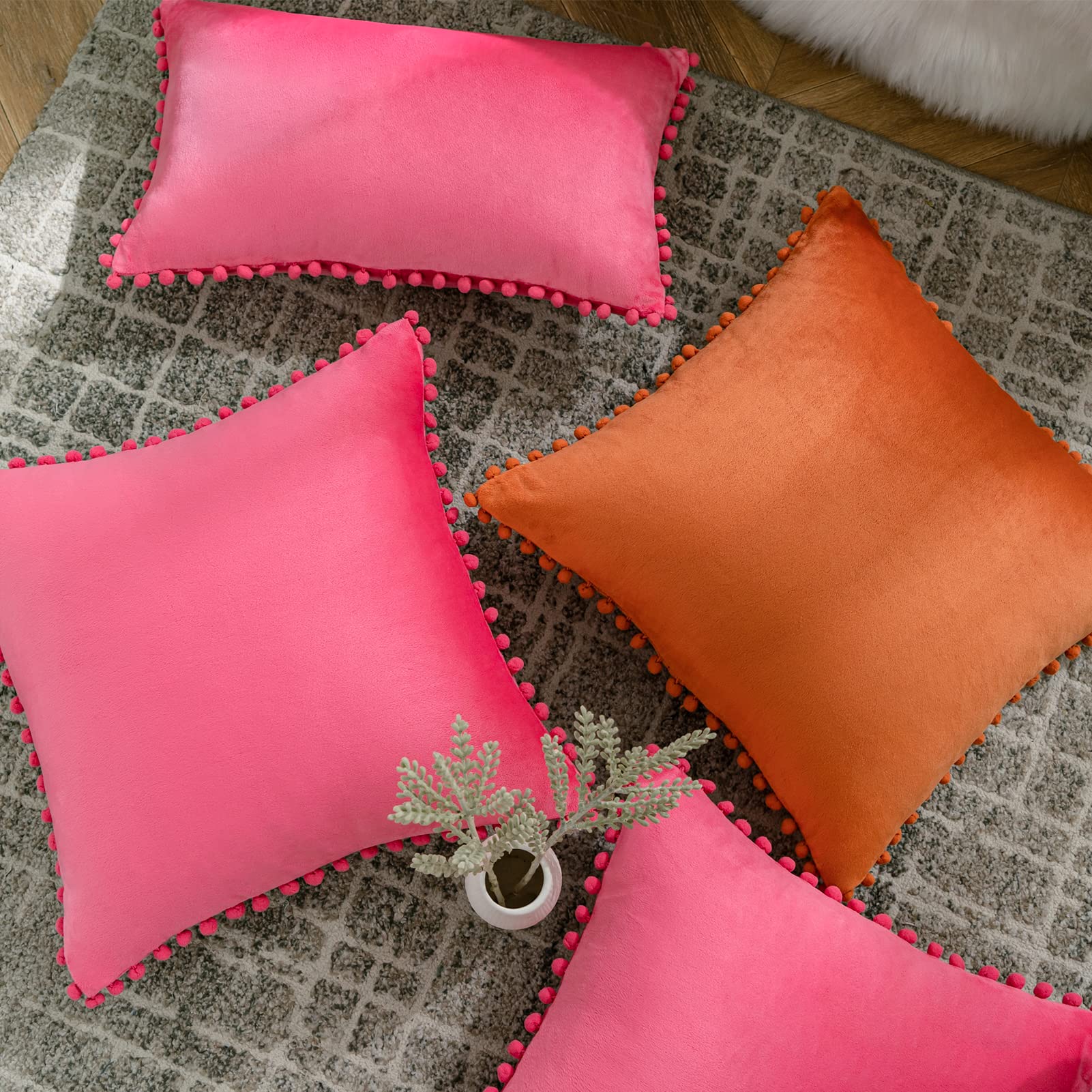 VK VK·LIVING Throw Pillow Covers 18x18 Decorative Pillow Covers with Pom-poms, Soft Velvet Hot Pink Throw Pillow Covers Set of 2 for Couch Bedroom Car