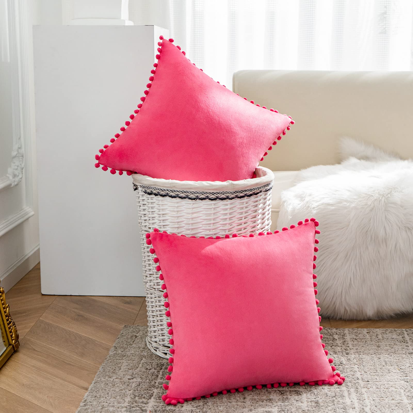 VK VK·LIVING Throw Pillow Covers 18x18 Decorative Pillow Covers with Pom-poms, Soft Velvet Hot Pink Throw Pillow Covers Set of 2 for Couch Bedroom Car