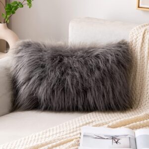 miulee faux fur pillow covers luxury fluffy mongolian series style throw pillow case decorative fuzzy cushion cover for sofa bedroom car, 12x20 inch grey