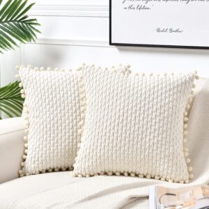 fancy homi set of 2 boho cream decorative throw pillow covers 18x18 inch with pom-poms for couch bed sofa, modern farmhouse home decor, soft plush corduroy cute cushion case 45x45 cm