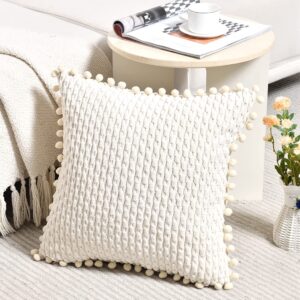 Fancy Homi Set of 2 Boho Cream Decorative Throw Pillow Covers 18x18 Inch with Pom-poms for Couch Bed Sofa, Modern Farmhouse Home Decor, Soft Plush Corduroy Cute Cushion Case 45x45 cm