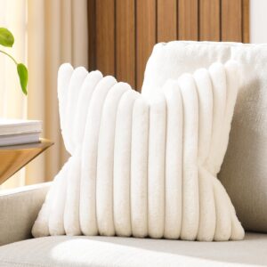 Volcanics Pack of 1 Double-Sided Faux Fur Plush Decorative Throw Pillow Covers 20x20 Inches Soft Fluffy Striped Couch Pillow Cases, Cream White