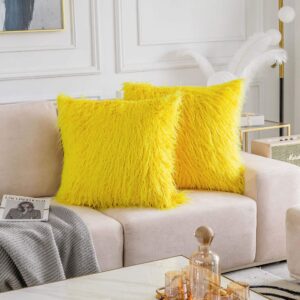 home brilliant yellow fur pillow covers furry fuzzy accent throw pillow covers decorative for couch sofa bed summer decoration girl gift, set of 2 (18 x 18 inch, yellow)