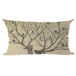 ramirar watercolor sika deer blue birds retro green brown background fall decorative lumbar throw pillow cover case home living room bed sofa car cotton linen rectangular 12 x 20 inches