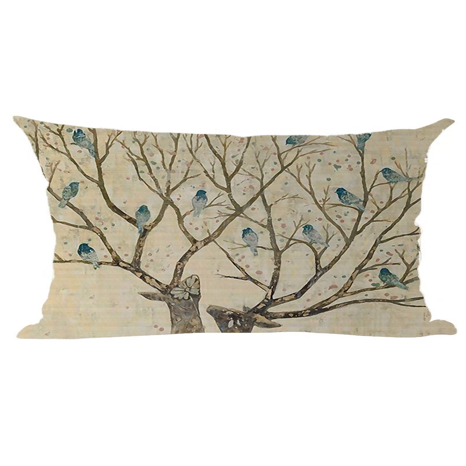 Ramirar Watercolor Sika Deer Blue Birds Retro Green Brown Background Fall Decorative Lumbar Throw Pillow Cover Case Home Living Room Bed Sofa Car Cotton Linen Rectangular 12 x 20 Inches