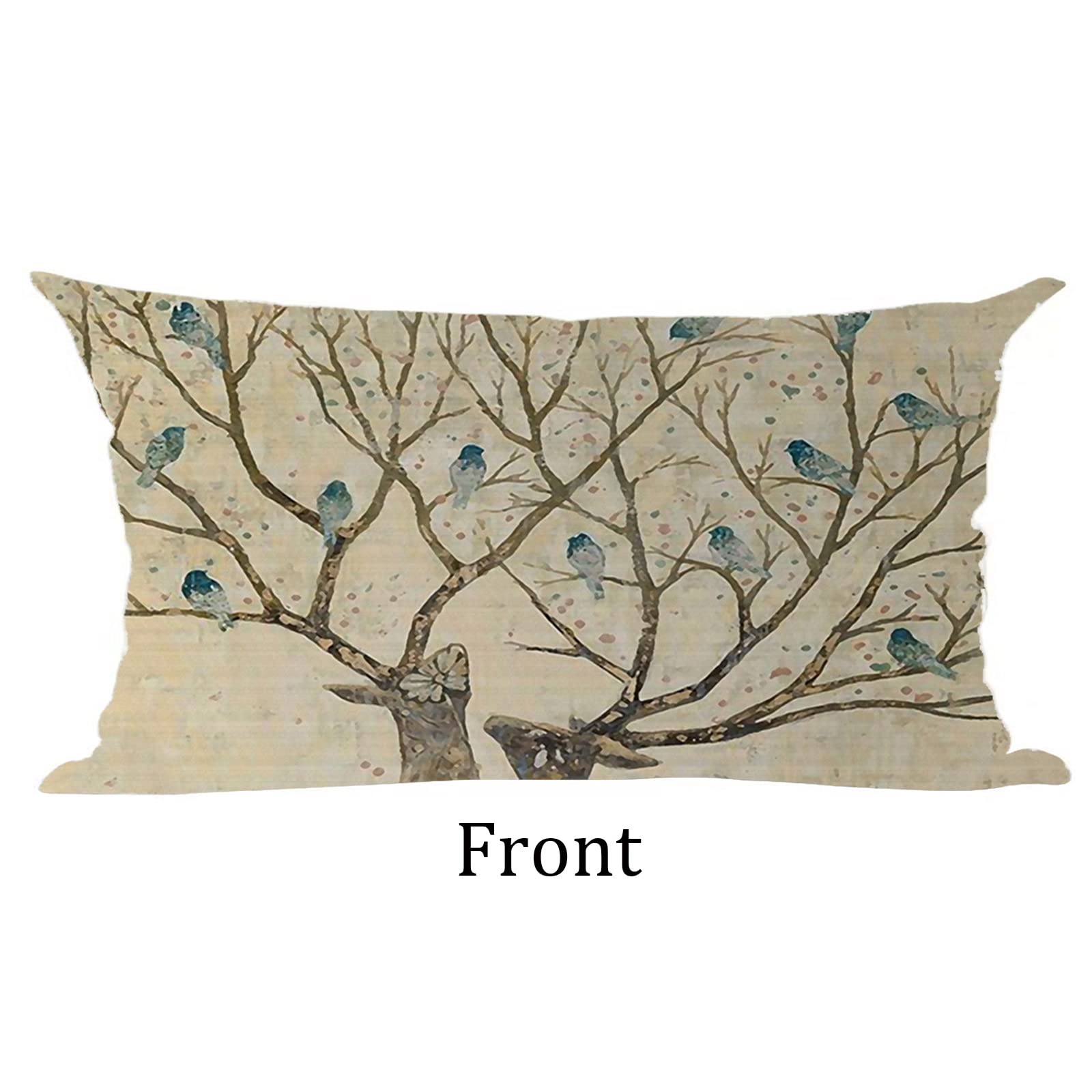 Ramirar Watercolor Sika Deer Blue Birds Retro Green Brown Background Fall Decorative Lumbar Throw Pillow Cover Case Home Living Room Bed Sofa Car Cotton Linen Rectangular 12 x 20 Inches