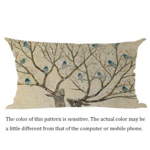 Ramirar Watercolor Sika Deer Blue Birds Retro Green Brown Background Fall Decorative Lumbar Throw Pillow Cover Case Home Living Room Bed Sofa Car Cotton Linen Rectangular 12 x 20 Inches