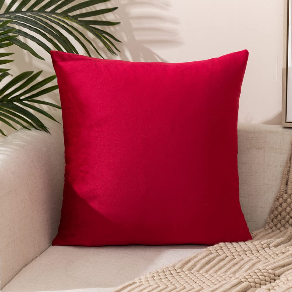 ETASOP Velvet Pillow Covers with Inserts Included 18x18, Pack of 2 Soft Solid Decorative Throw Pillows for Sofa Bedroom Car (Red)