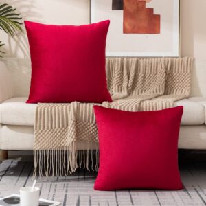 ETASOP Velvet Pillow Covers with Inserts Included 18x18, Pack of 2 Soft Solid Decorative Throw Pillows for Sofa Bedroom Car (Red)