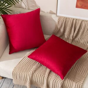 ETASOP Velvet Pillow Covers with Inserts Included 18x18, Pack of 2 Soft Solid Decorative Throw Pillows for Sofa Bedroom Car (Red)