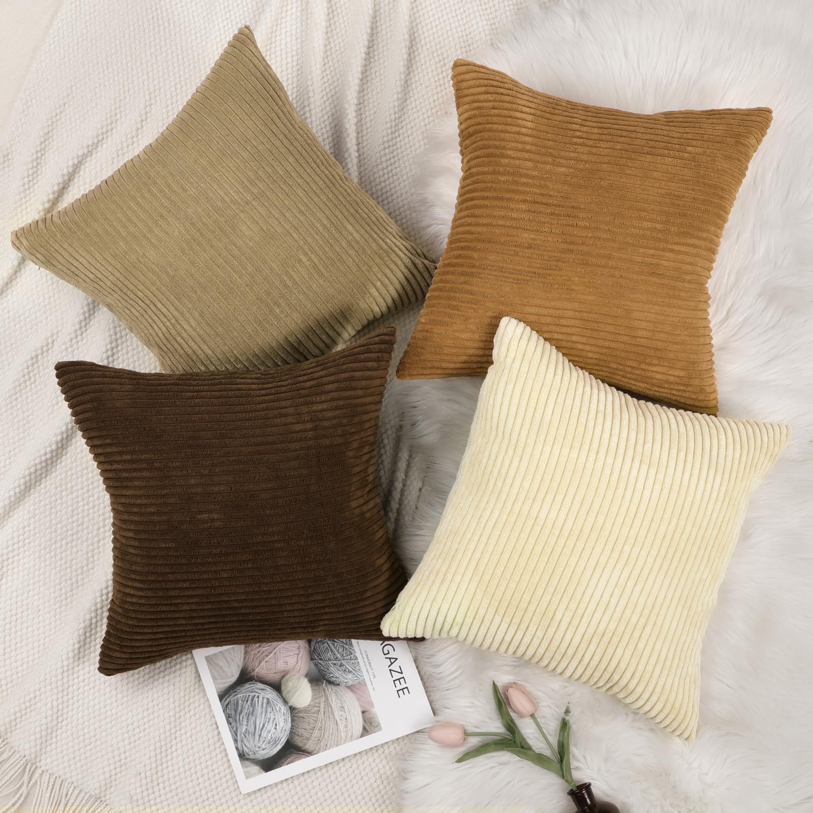 Lewondr Corduroy Throw Pillow Covers 20x20, Set of 4 Multi-Color Matching Square Soft Throw Pillow Cases Modern Stripes Couch Pillows for Living Room Home Bedroom Sofa Car Office Decor, 50x50cm/Brown