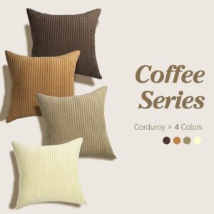 Lewondr Corduroy Throw Pillow Covers 20x20, Set of 4 Multi-Color Matching Square Soft Throw Pillow Cases Modern Stripes Couch Pillows for Living Room Home Bedroom Sofa Car Office Decor, 50x50cm/Brown