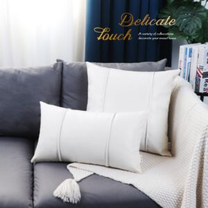 BRAWARM White Leather Throw Pillow Covers 12 X 20 Inches - Faux Leather Lumbar Pillow Cover with Piping, Hand Stitched Leather Throw Pillow for Couch Sofa Bed Living Room Home Decorative