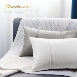 BRAWARM White Leather Throw Pillow Covers 12 X 20 Inches - Faux Leather Lumbar Pillow Cover with Piping, Hand Stitched Leather Throw Pillow for Couch Sofa Bed Living Room Home Decorative