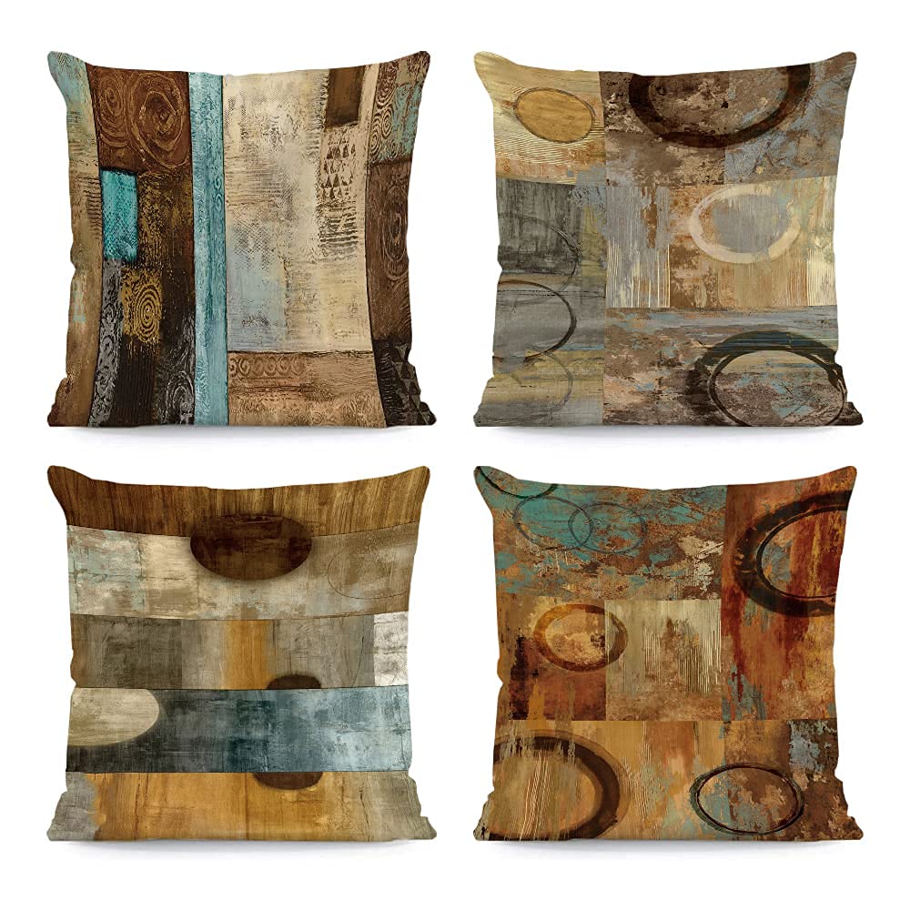 LHAIFA Brown Decorative Throw Pillow Covers 18x18 Set of 4 Teal Pillow Cover Modern Geometry Abstract Art Decorative Pillows for Living Room Bedroom Sofa Couch Outdoor Pillow Covers