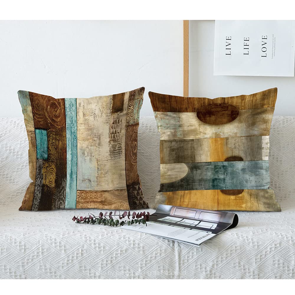 LHAIFA Brown Decorative Throw Pillow Covers 18x18 Set of 4 Teal Pillow Cover Modern Geometry Abstract Art Decorative Pillows for Living Room Bedroom Sofa Couch Outdoor Pillow Covers