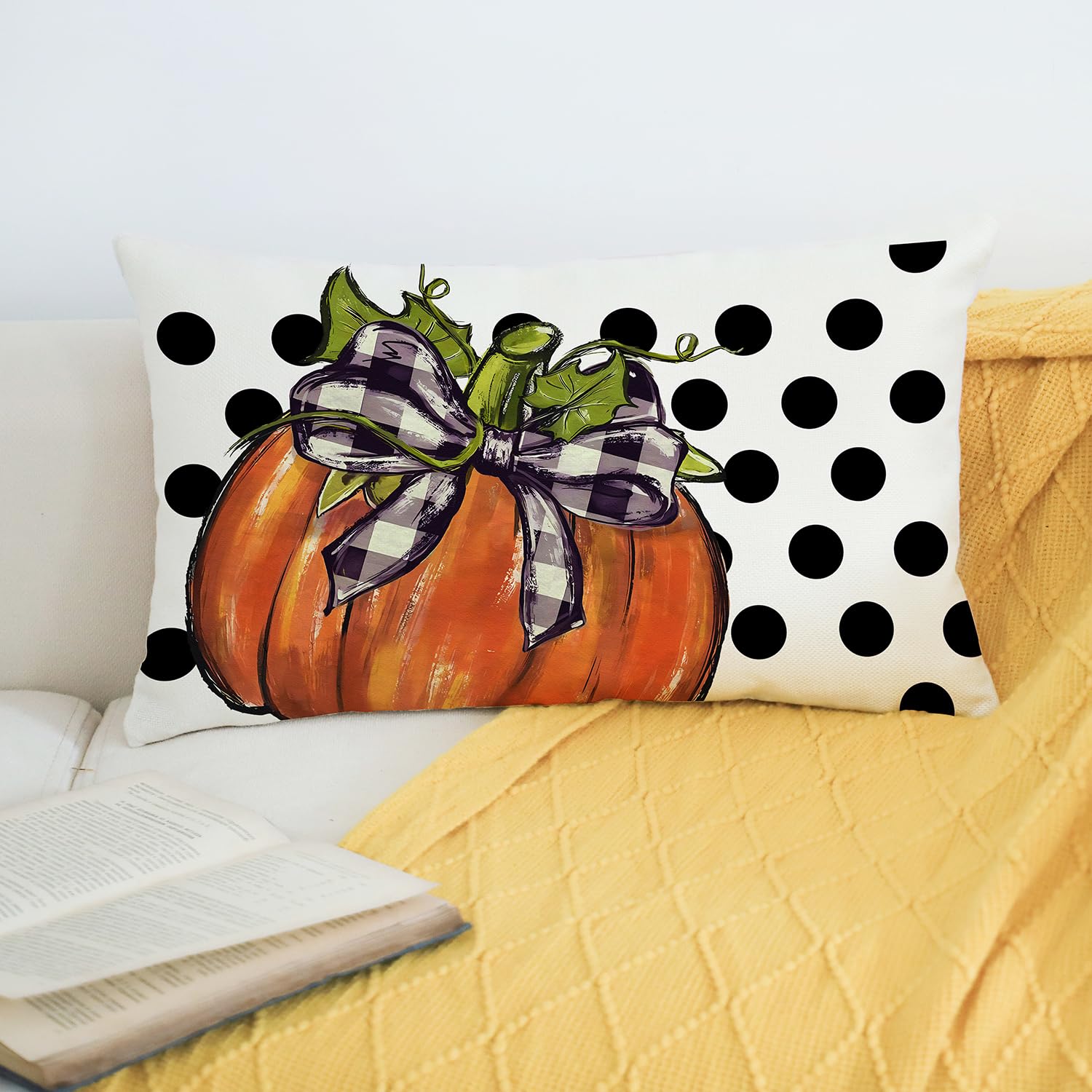 ADFLOOD Fall Pillow Covers 12x20 Inch Polka Dots Pumpkin Decorative Throw Pillows Autumn Decor Seasonal Party Cushion Case for Home Couch Sofa A019-12