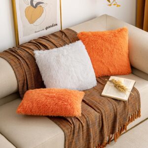 EMEMA Orange Fall Faux Fur Throw Pillow Covers 18x18 Inch Set of 2 Fluffy Pillowcase Fuzzy Fleece Decorative Square Cute Home Decor Luxury Soft Mongolian for Couch Sofa Bed Livingroom Halloween