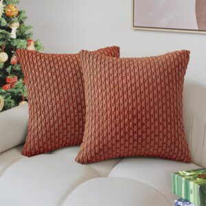 henzxi throw pillow covers soft corduroy decorative pillow covers set of 2 striped square boho pillow covers farmhouse home decor for sofa living room couch bed 18x18 inch rust