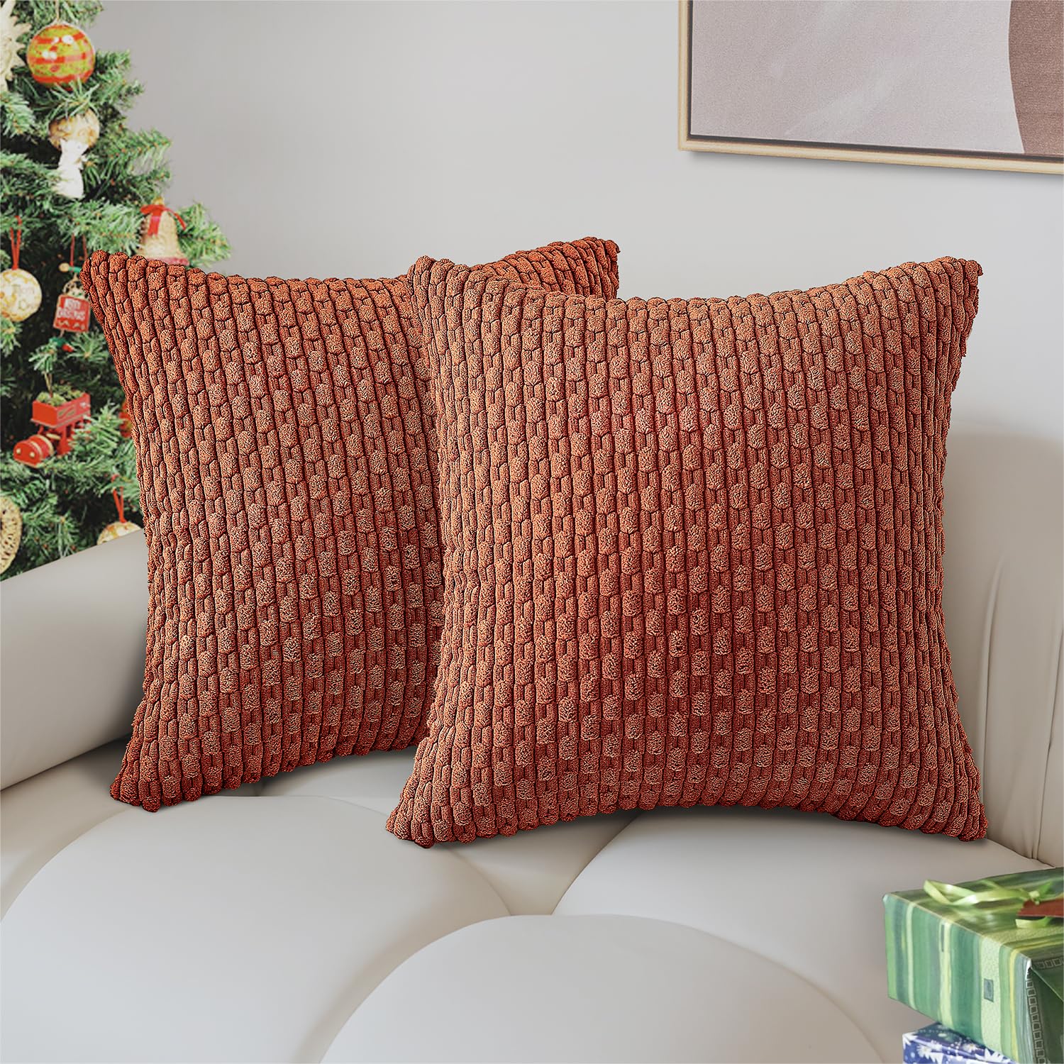 Henzxi Throw Pillow Covers Soft Corduroy Decorative Pillow Covers Set of 2 Striped Square Boho Pillow Covers Farmhouse Home Decor for Sofa Living Room Couch Bed 18x18 Inch Rust