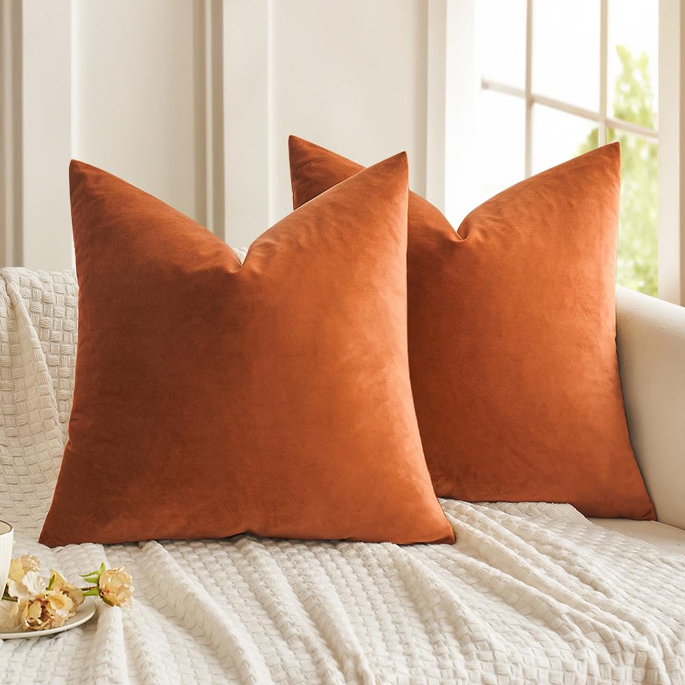 MIULEE Pack of 2 Velvet Soft Solid Decorative Square Throw Pillow Covers Set Fall Cushion Cases for Sofa Bedroom Car 18x18 Inch 45x45 Cm Orange