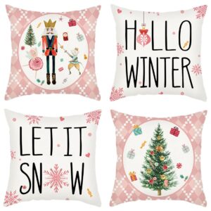 wyooxoo Christmas Pillow Covers 20x20 Set of 4 Christmas Tree Pink Throw Pillow Covers Cushion Cases Winter Decorative Farmhouse Pillowcases for Sofa Couch Living Room Home Decor (20" x 20", Pink)