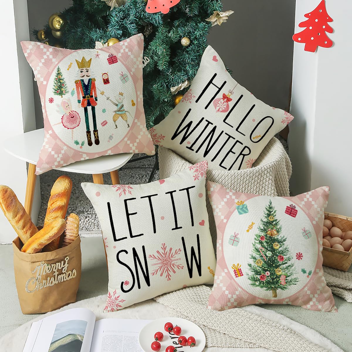 wyooxoo Christmas Pillow Covers 20x20 Set of 4 Christmas Tree Pink Throw Pillow Covers Cushion Cases Winter Decorative Farmhouse Pillowcases for Sofa Couch Living Room Home Decor (20" x 20", Pink)