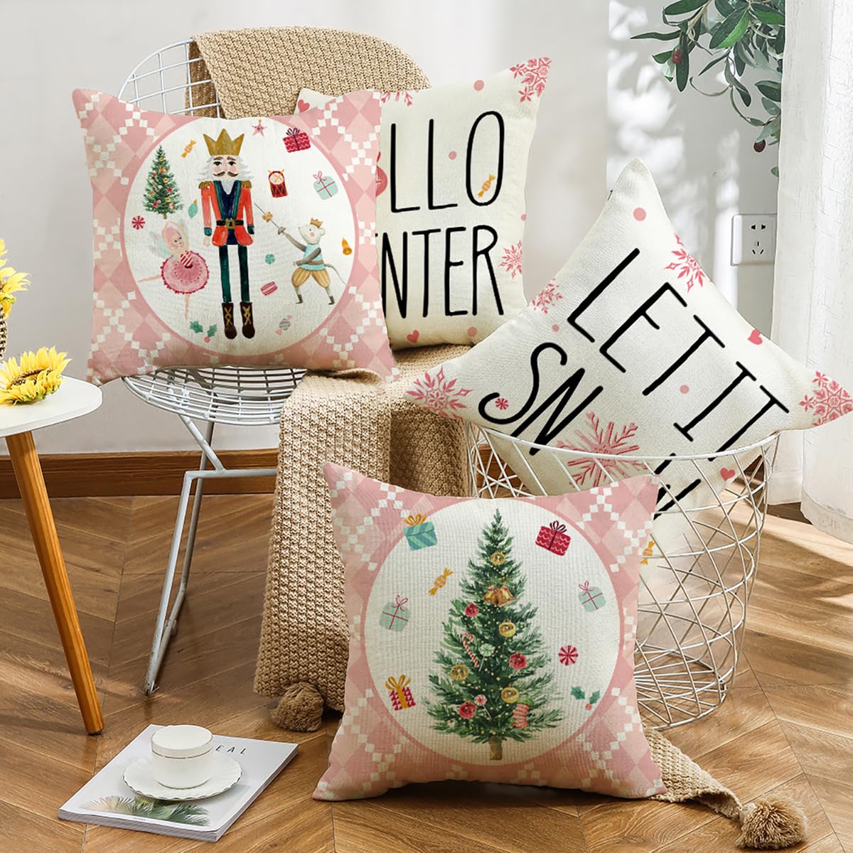 wyooxoo Christmas Pillow Covers 20x20 Set of 4 Christmas Tree Pink Throw Pillow Covers Cushion Cases Winter Decorative Farmhouse Pillowcases for Sofa Couch Living Room Home Decor (20" x 20", Pink)