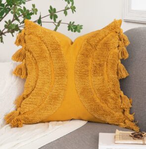 foindtower half moon accent boho tufted decorative throw pillow cover, cozy bohemian rainbow design cotton canvas cushion cover | tassels pillow case home decor 18"x 18" mustard yellow 1 piece