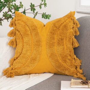 Foindtower Half Moon Accent Boho Tufted Decorative Throw Pillow Cover, Cozy Bohemian Rainbow Design Cotton Canvas Cushion Cover | Tassels Pillow Case Home Decor 18"X 18" Mustard Yellow 1 Piece