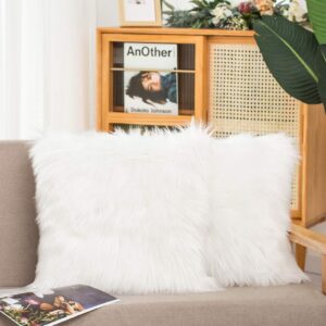 hyseas set of 2 decorative faux fur throw pillow covers, white fluffy soft fuzzy square cushion cover pillow case for sofa, couch, chair, bed, cafe, 18 x 18 inches