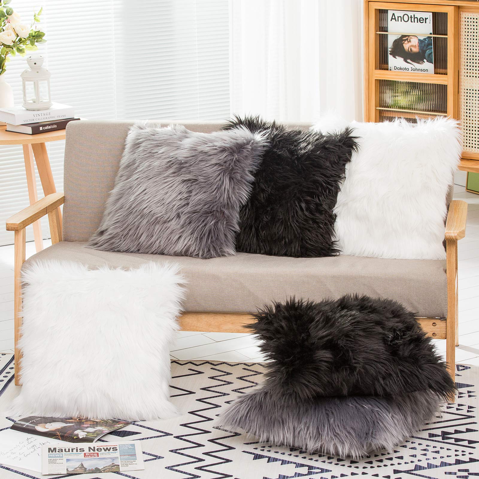 HYSEAS Set of 2 Decorative Faux Fur Throw Pillow Covers, White Fluffy Soft Fuzzy Square Cushion Cover Pillow Case for Sofa, Couch, Chair, Bed, Cafe, 18 x 18 Inches