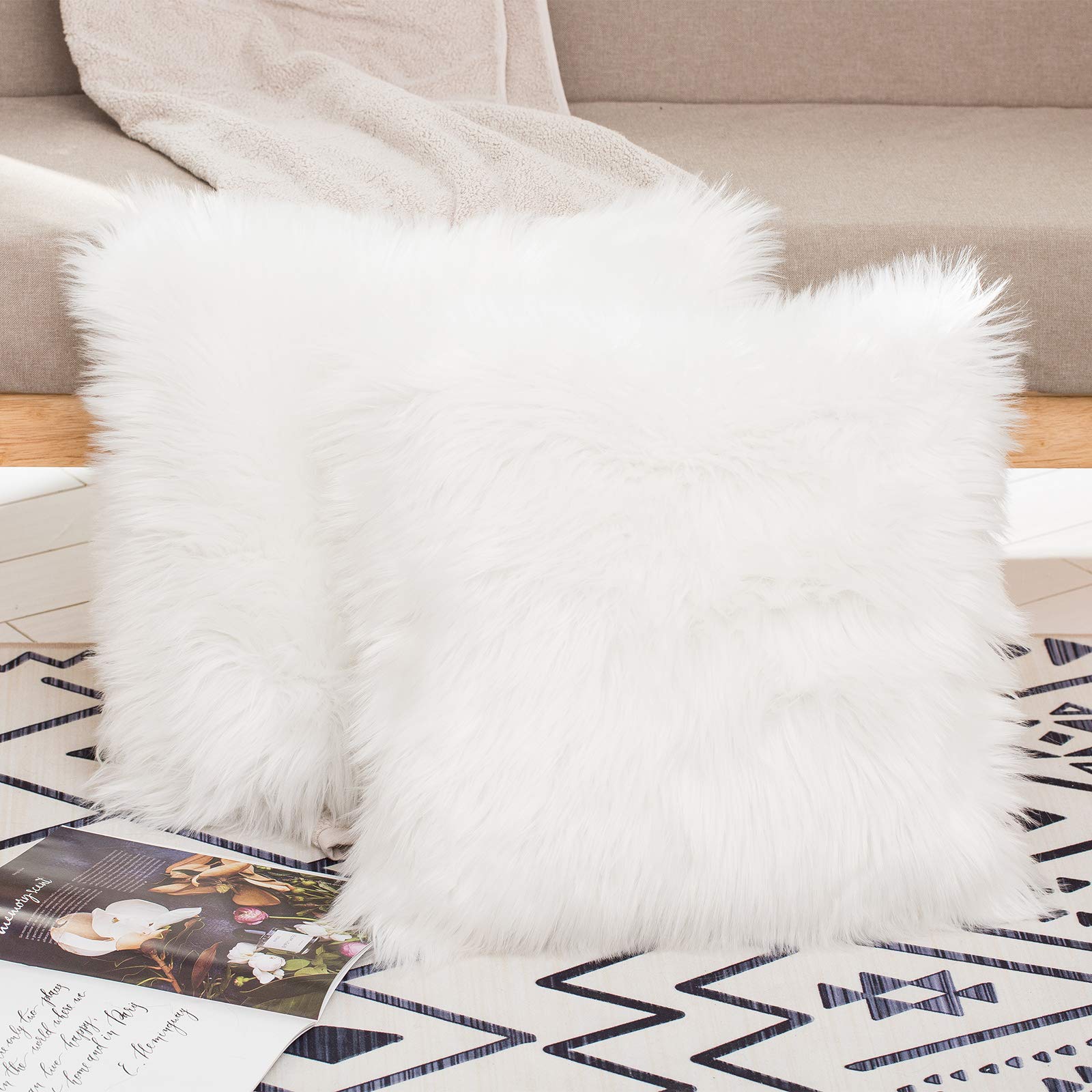 HYSEAS Set of 2 Decorative Faux Fur Throw Pillow Covers, White Fluffy Soft Fuzzy Square Cushion Cover Pillow Case for Sofa, Couch, Chair, Bed, Cafe, 18 x 18 Inches