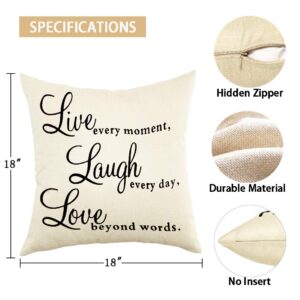 Ogiselestyle Live Every Moment Laugh Every Day Love Beyond Words Motivational Sign Cotton Linen Home Decorative Throw Pillow Case Cushion Cover with Words for Book Lover Sofa Couch 18" x 18"