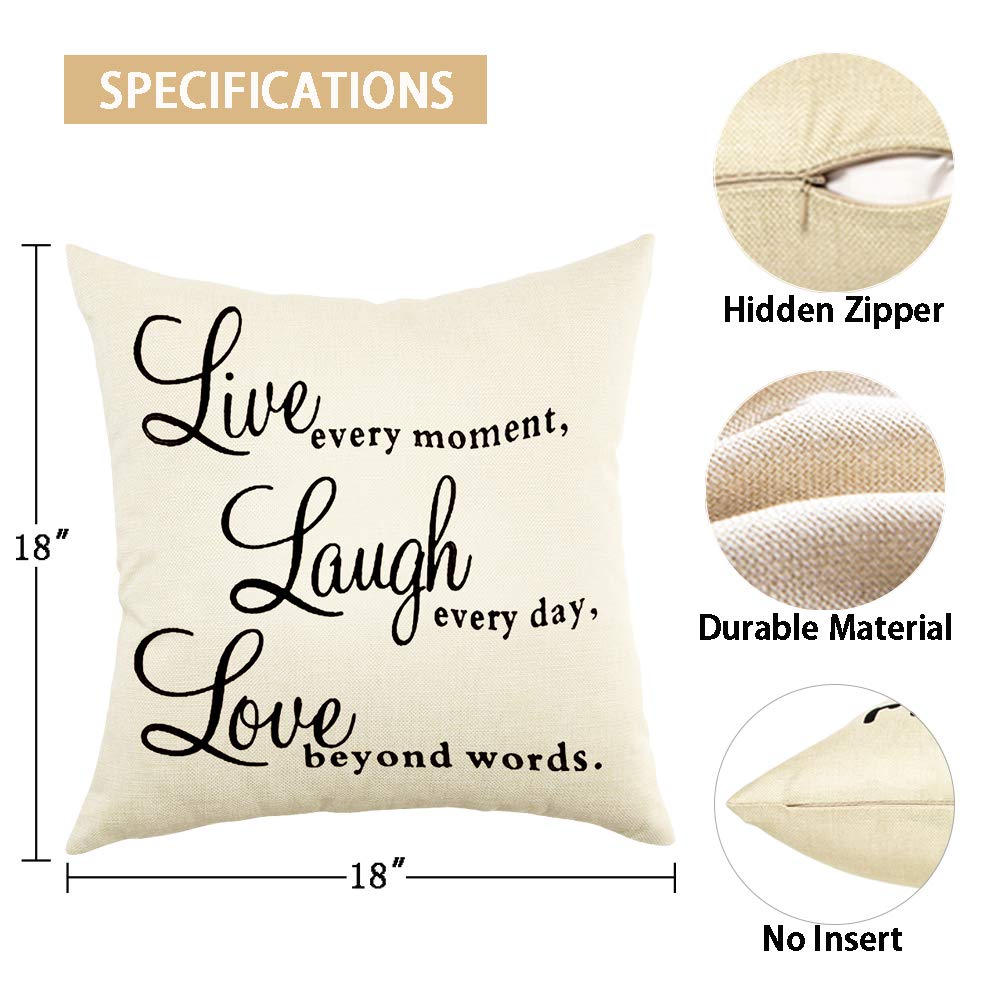 Ogiselestyle Live Every Moment Laugh Every Day Love Beyond Words Motivational Sign Cotton Linen Home Decorative Throw Pillow Case Cushion Cover with Words for Book Lover Sofa Couch 18" x 18"