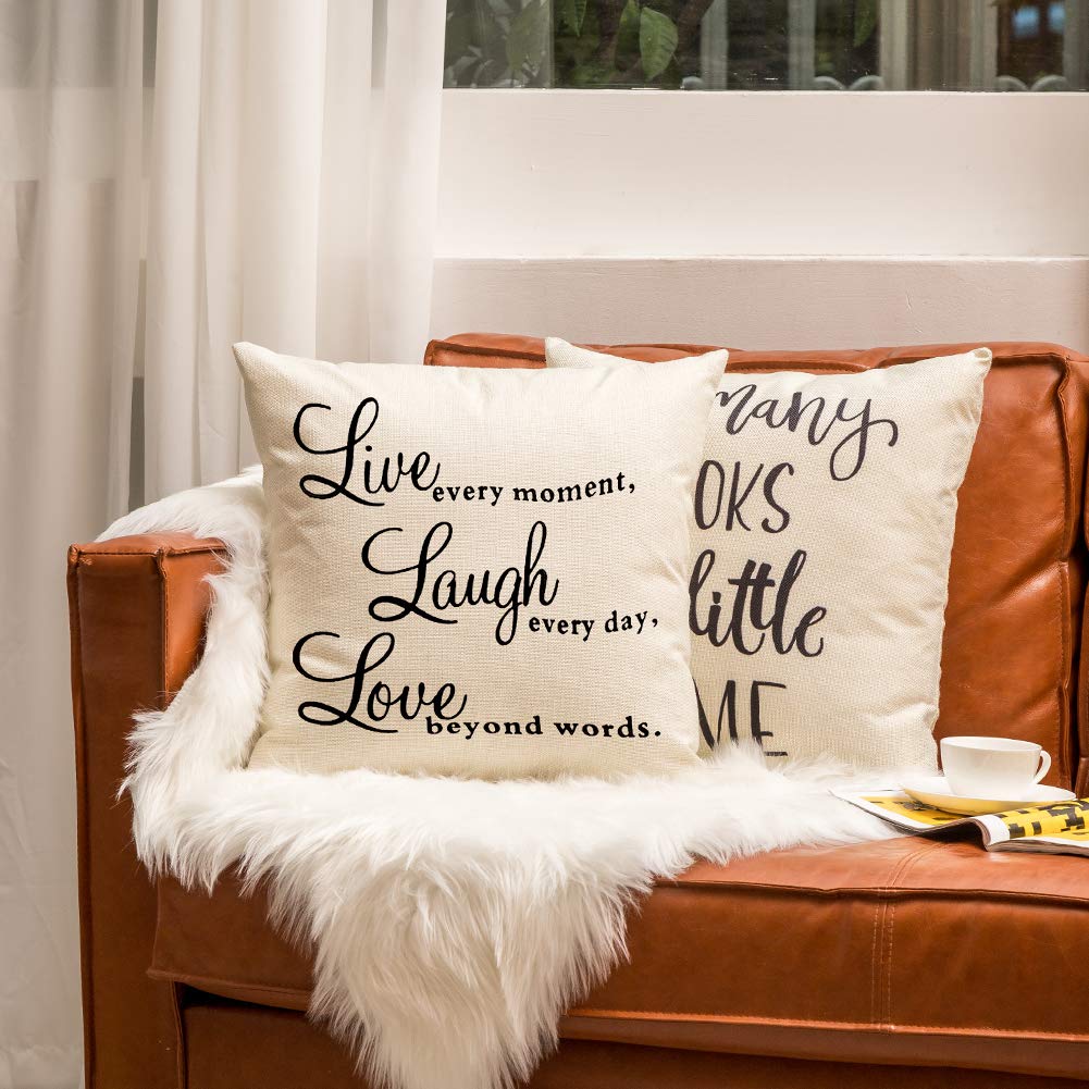 Ogiselestyle Live Every Moment Laugh Every Day Love Beyond Words Motivational Sign Cotton Linen Home Decorative Throw Pillow Case Cushion Cover with Words for Book Lover Sofa Couch 18" x 18"