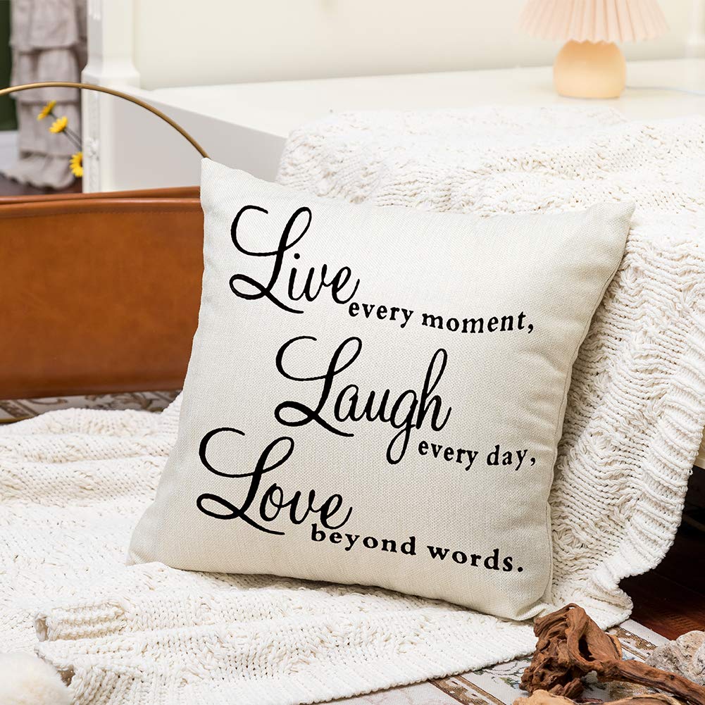 Ogiselestyle Live Every Moment Laugh Every Day Love Beyond Words Motivational Sign Cotton Linen Home Decorative Throw Pillow Case Cushion Cover with Words for Book Lover Sofa Couch 18" x 18"