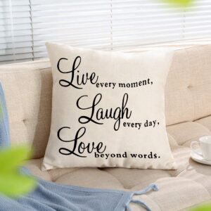 Ogiselestyle Live Every Moment Laugh Every Day Love Beyond Words Motivational Sign Cotton Linen Home Decorative Throw Pillow Case Cushion Cover with Words for Book Lover Sofa Couch 18" x 18"