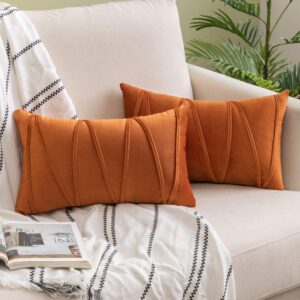 woaboy pack of 2 striped velvet throw pillow covers orange modern decorative couch throws square soft cozy pillowcases for bed sofa fall cushion living room 12x20 inch