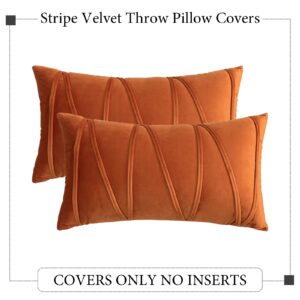 Woaboy Pack of 2 Striped Velvet Throw Pillow Covers Orange Modern Decorative Couch Throws Square Soft Cozy Pillowcases for Bed Sofa Fall Cushion Living Room 12x20 Inch