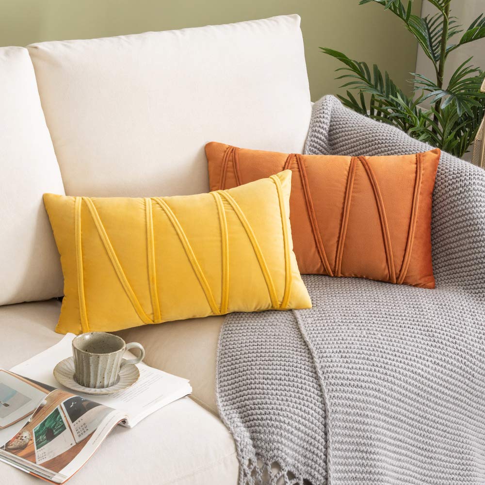 Woaboy Pack of 2 Striped Velvet Throw Pillow Covers Orange Modern Decorative Couch Throws Square Soft Cozy Pillowcases for Bed Sofa Fall Cushion Living Room 12x20 Inch