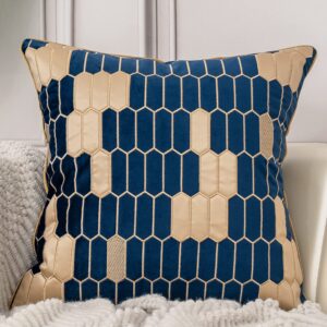 Aeckself Geometric Plaid Velvet Pillow Cover 20x20 Inch, Modern Square Leather Embroidered Decorative Throw Pillow Cover for Couch Living Room Bedroom, Navy Blue Beige