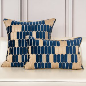 Aeckself Geometric Plaid Velvet Pillow Cover 20x20 Inch, Modern Square Leather Embroidered Decorative Throw Pillow Cover for Couch Living Room Bedroom, Navy Blue Beige