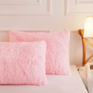 Faux Fur Pink Fluffy Pillow case, Soft Pink Decorative Fuzzy Pillow case, Cute Fluffy Pillow Covers for Home Bedroom Living Room, Zipper Closure, Set of 2 (Pink, Standard 20"x 26")