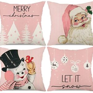 Christmas Decorations Pillow Covers 18x18 Set of 4 Pink Stripes Santa Snowman Snowflake Merry Christmas Tree Let It Snow Hello Winter Holiday Pillows Decorative Throw Cushion Case for Sofa Couch