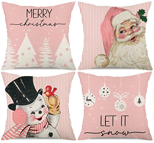 Christmas Decorations Pillow Covers 18x18 Set of 4 Pink Stripes Santa Snowman Snowflake Merry Christmas Tree Let It Snow Hello Winter Holiday Pillows Decorative Throw Cushion Case for Sofa Couch