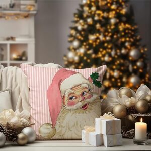 Christmas Decorations Pillow Covers 18x18 Set of 4 Pink Stripes Santa Snowman Snowflake Merry Christmas Tree Let It Snow Hello Winter Holiday Pillows Decorative Throw Cushion Case for Sofa Couch