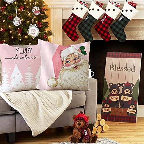 Christmas Decorations Pillow Covers 18x18 Set of 4 Pink Stripes Santa Snowman Snowflake Merry Christmas Tree Let It Snow Hello Winter Holiday Pillows Decorative Throw Cushion Case for Sofa Couch