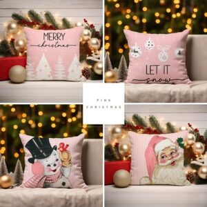 Christmas Decorations Pillow Covers 18x18 Set of 4 Pink Stripes Santa Snowman Snowflake Merry Christmas Tree Let It Snow Hello Winter Holiday Pillows Decorative Throw Cushion Case for Sofa Couch